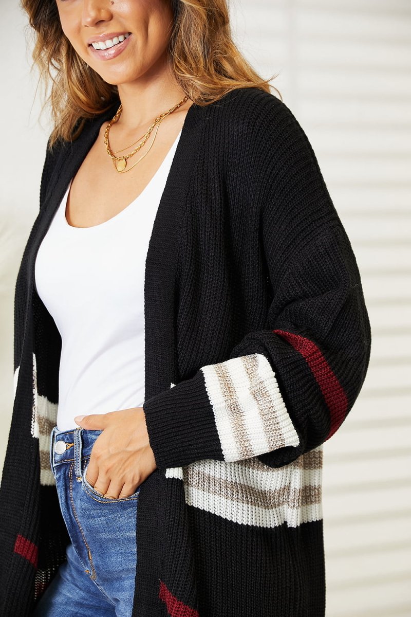 Perfee Striped Rib - Knit Drop Shoulder Open Front Cardigan - Demented Sisters