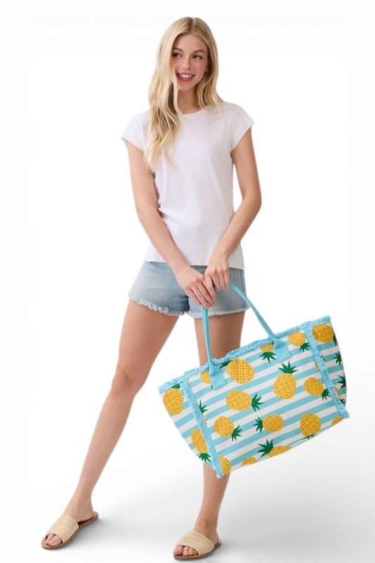 Pineapple Stripe Fringe Tote Bag - Demented Sisters