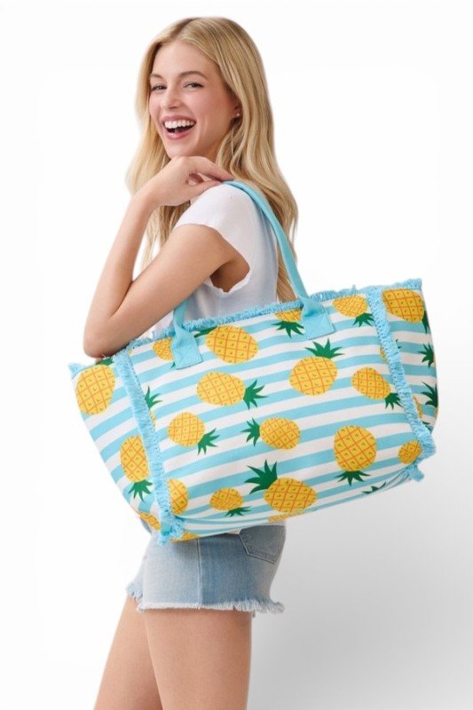 Pineapple Stripe Fringe Tote Bag - Demented Sisters