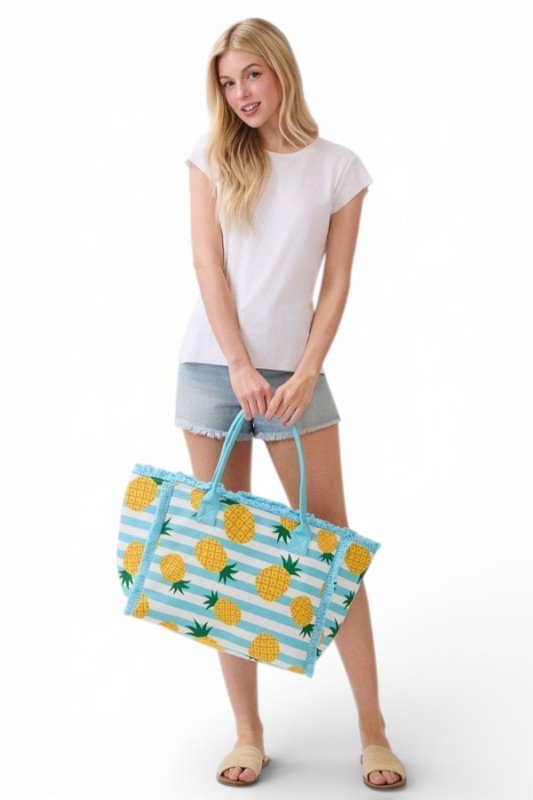 Pineapple Stripe Fringe Tote Bag - Demented Sisters