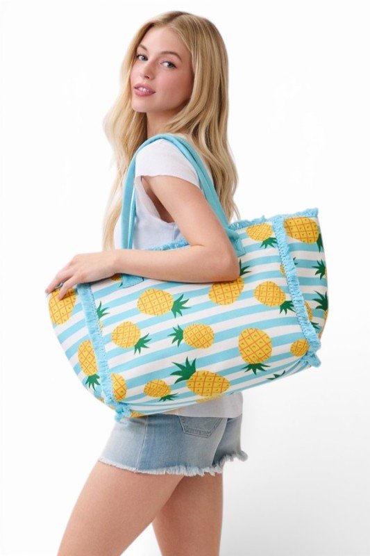 Pineapple Stripe Fringe Tote Bag - Demented Sisters