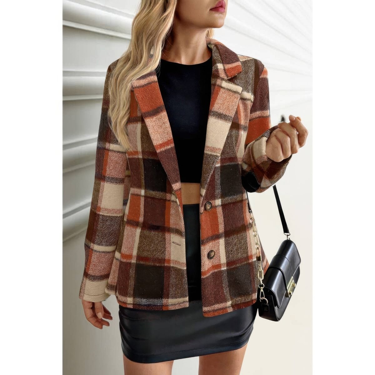 Plaid Lapel Collar Long Sleeve Button Coat - Demented Sisters