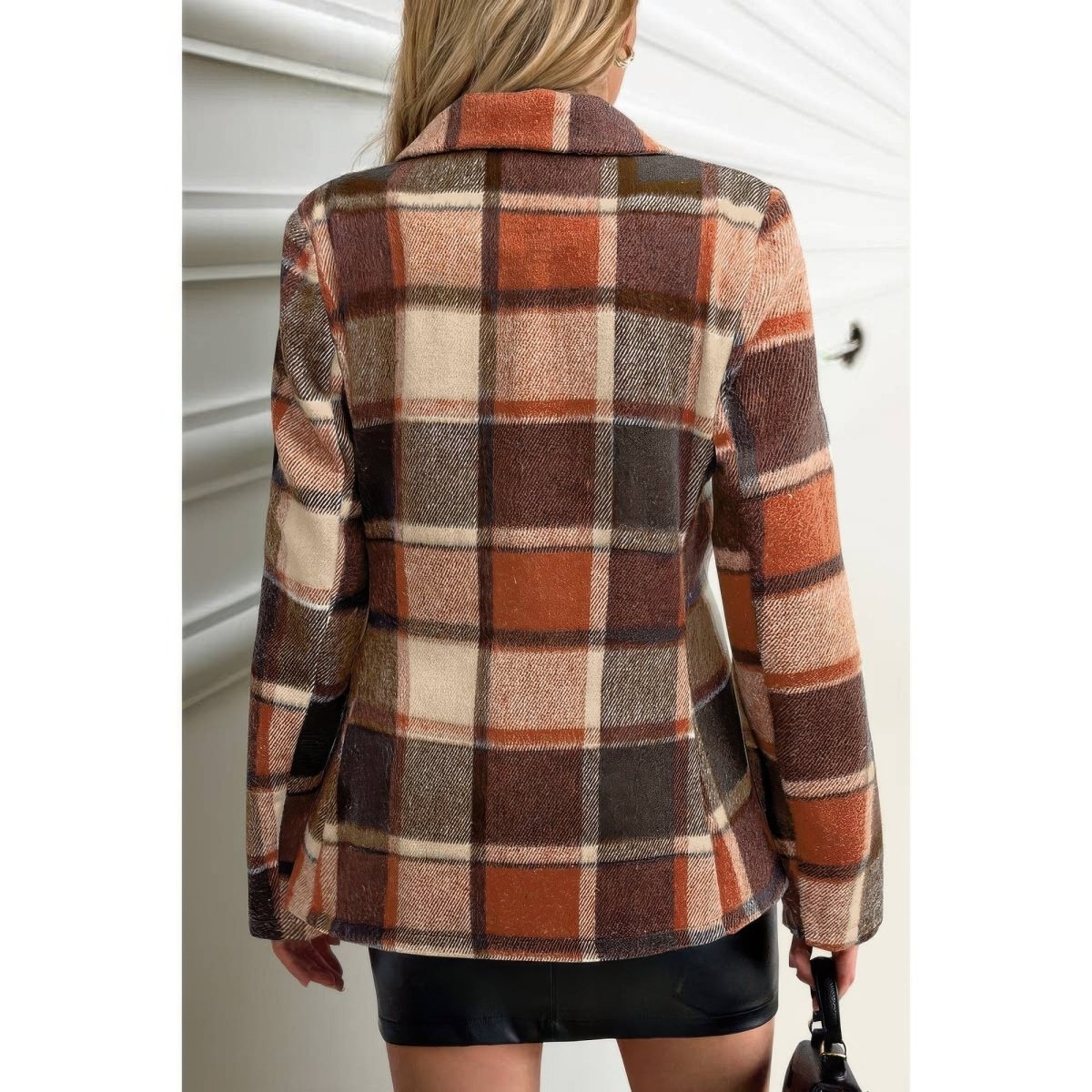 Plaid Lapel Collar Long Sleeve Button Coat - Demented Sisters