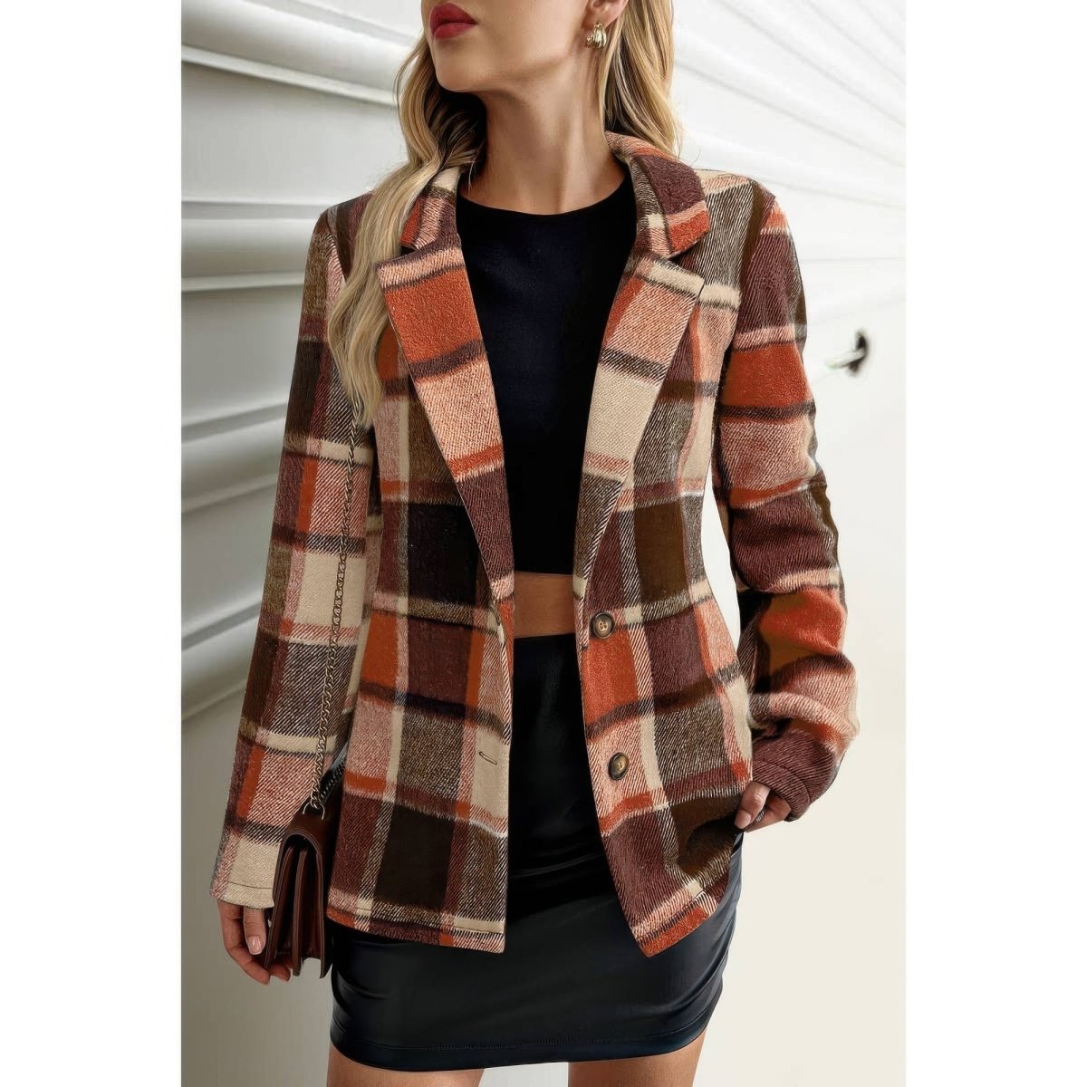 Plaid Lapel Collar Long Sleeve Button Coat - Demented Sisters