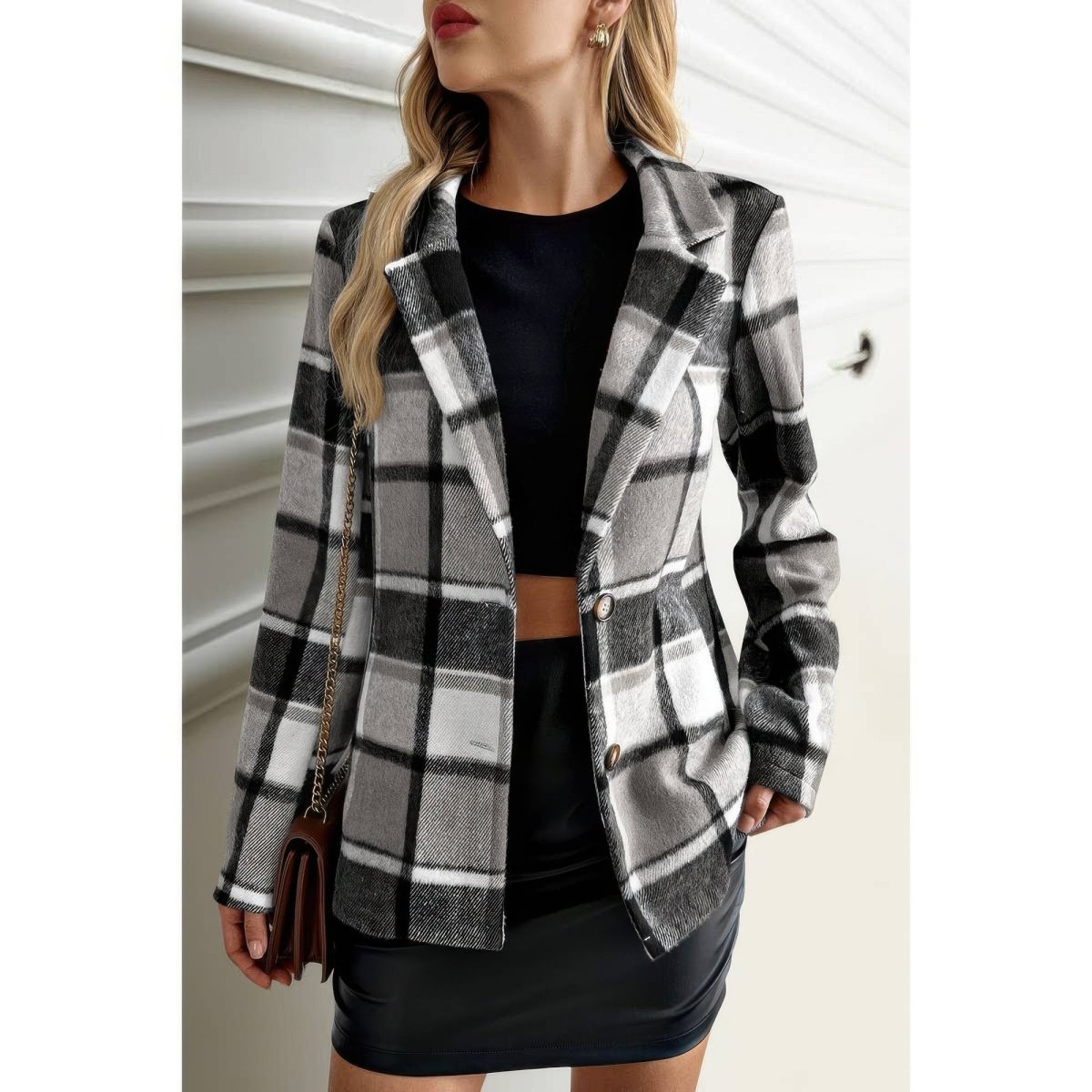 Plaid Lapel Collar Long Sleeve Button Coat - Demented Sisters