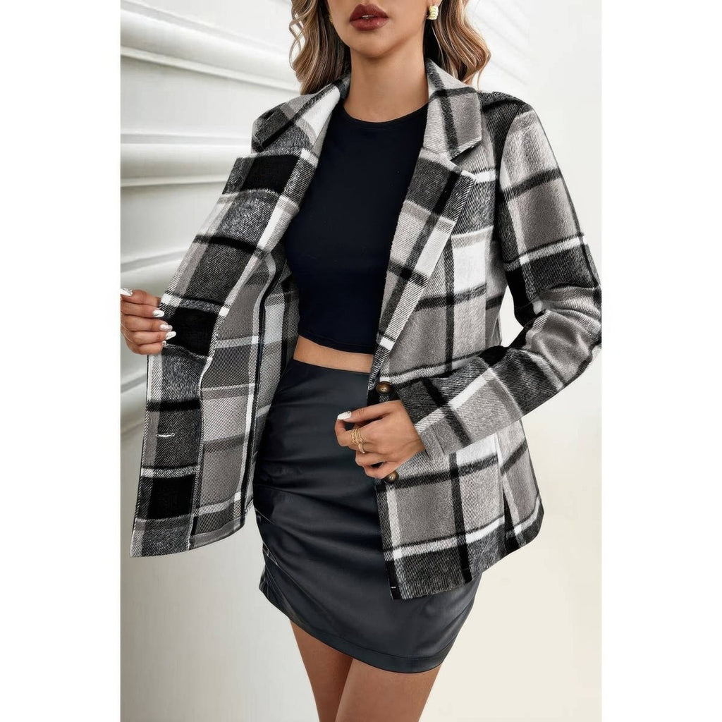 Plaid Lapel Collar Long Sleeve Button Coat - Demented Sisters