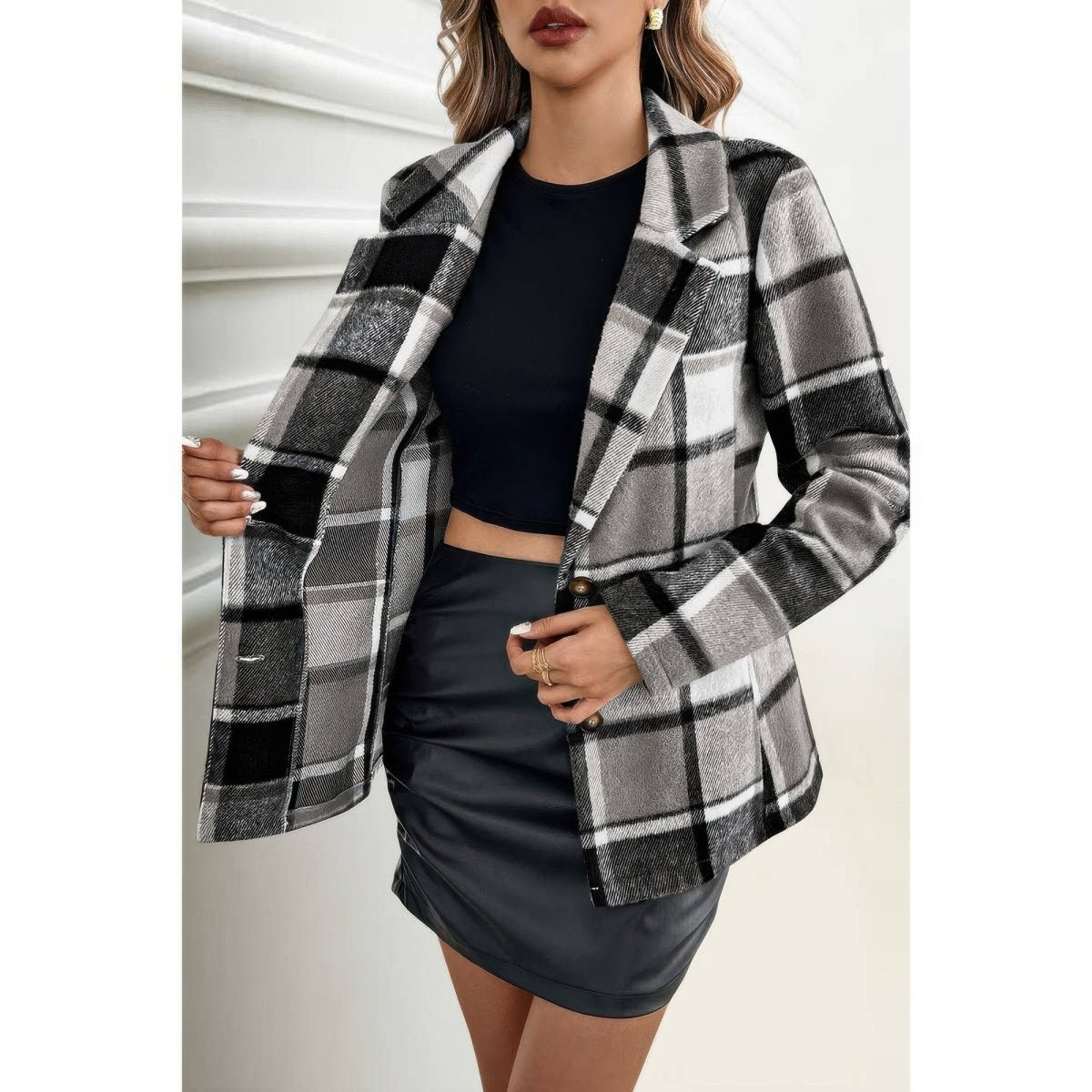 Plaid Lapel Collar Long Sleeve Button Coat - Demented Sisters