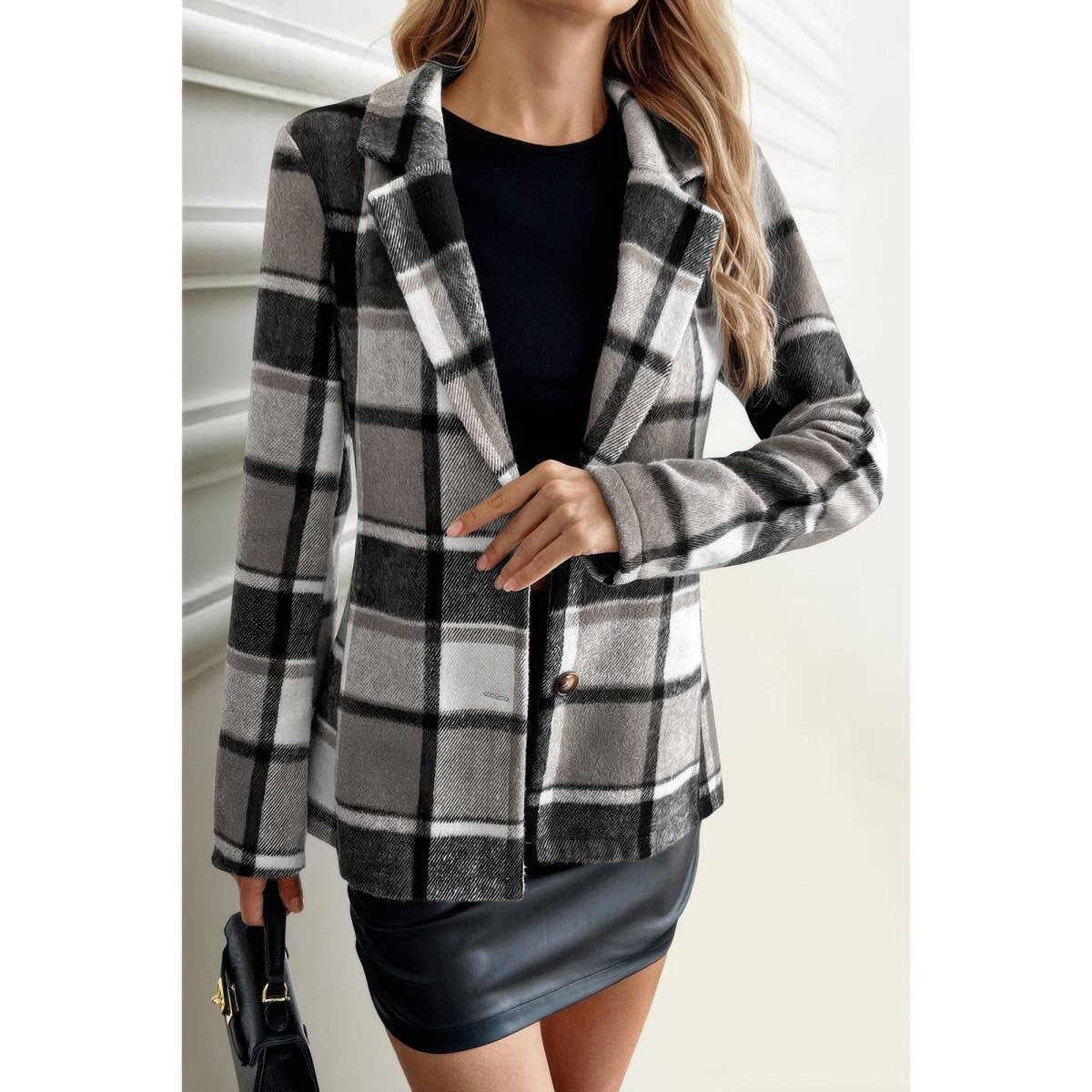 Plaid Lapel Collar Long Sleeve Button Coat - Demented Sisters