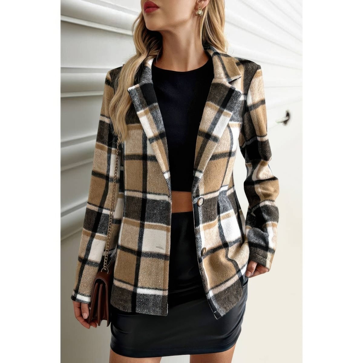 Plaid Lapel Collar Long Sleeve Button Coat - Demented Sisters