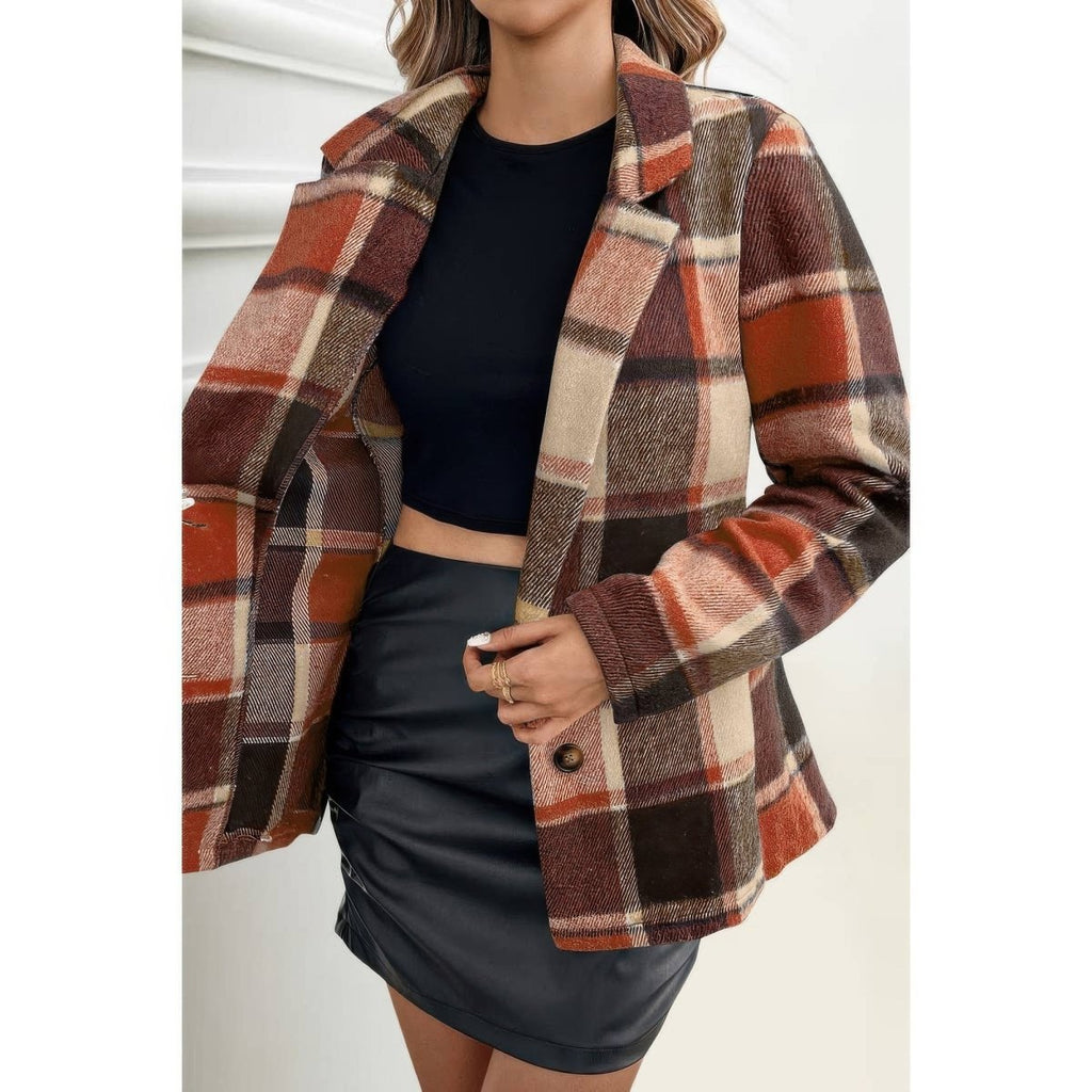 Plaid Lapel Collar Long Sleeve Button Coat - Demented Sisters