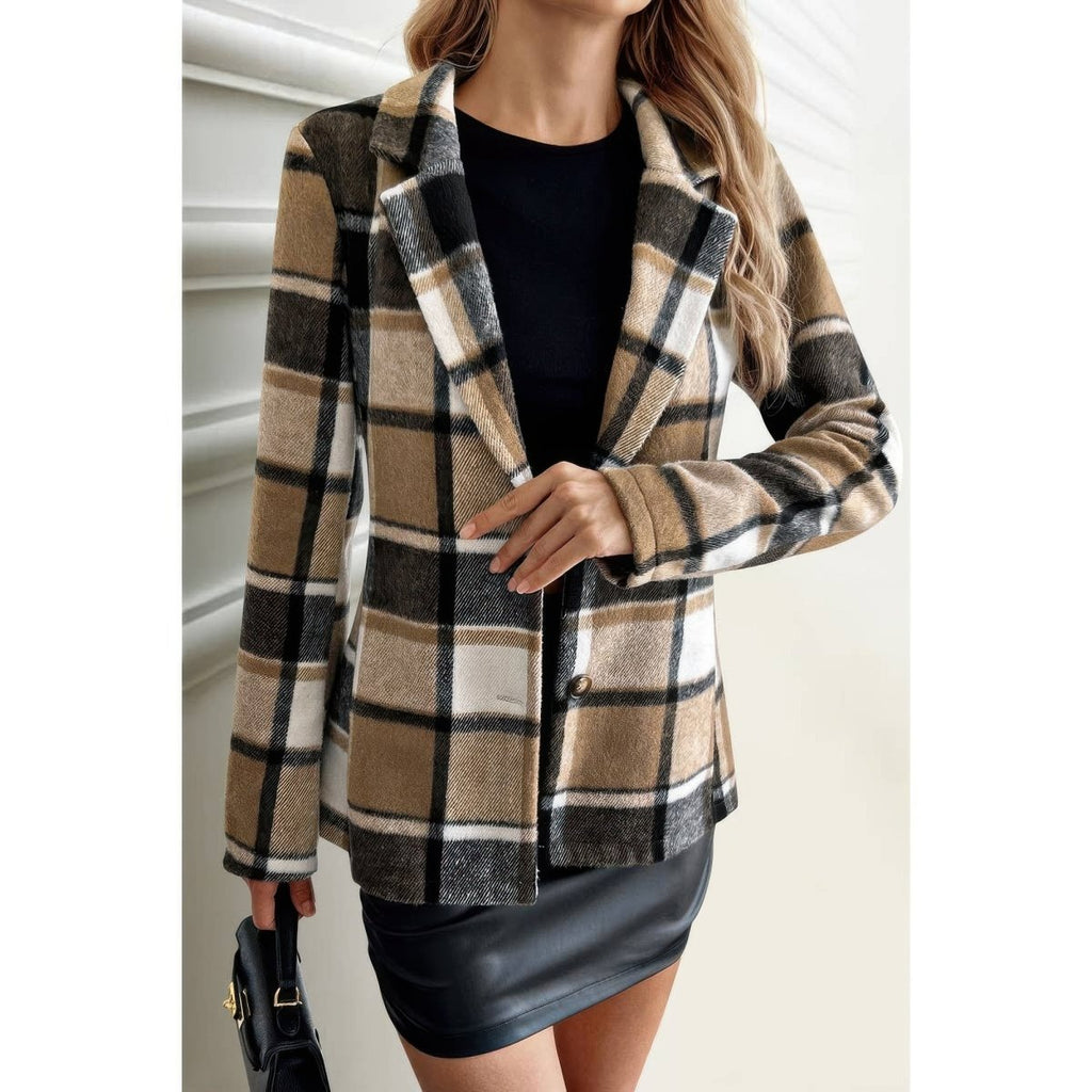 Plaid Lapel Collar Long Sleeve Button Coat - Demented Sisters
