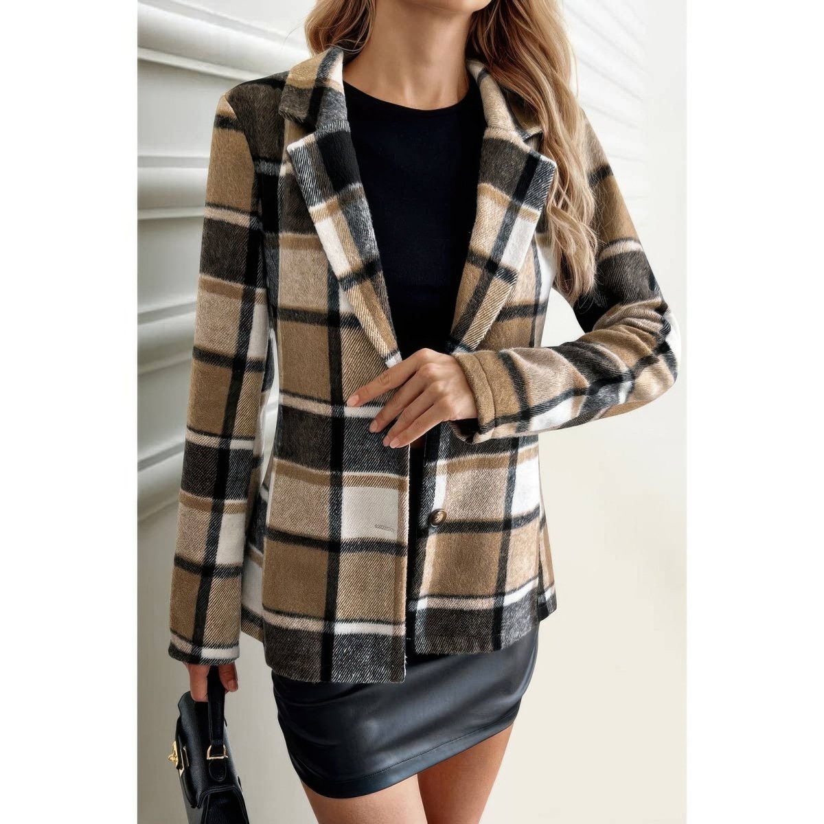 Plaid Lapel Collar Long Sleeve Button Coat - Demented Sisters