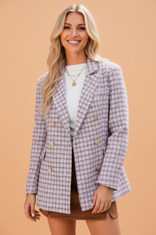 Plaid Tweed Long Sleeve Buttoned Blazer - Demented Sisters