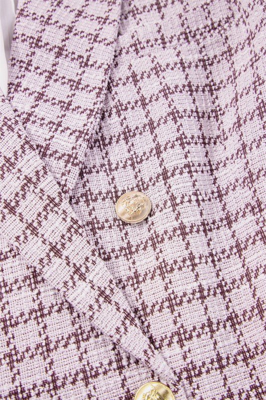 Plaid Tweed Long Sleeve Buttoned Blazer - Demented Sisters