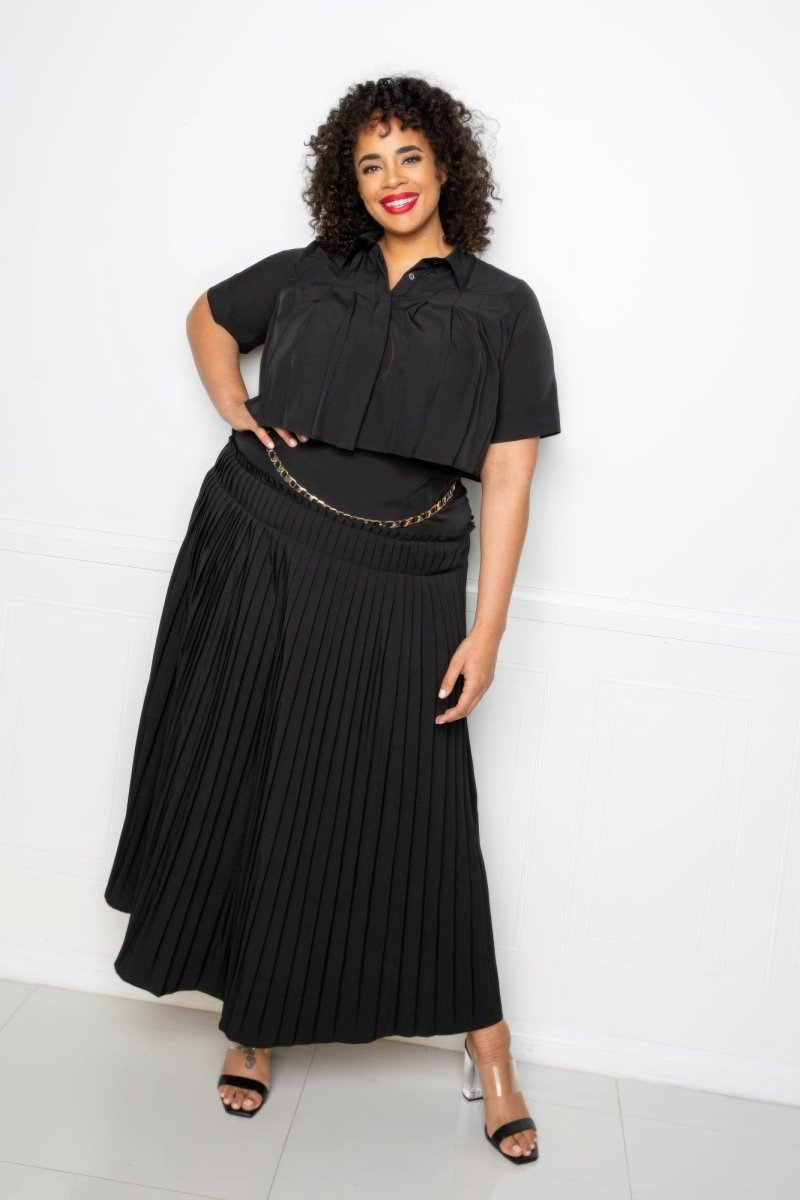 Pleated Cropped Shirt And Maxi Skirt Set - Demented Sisters