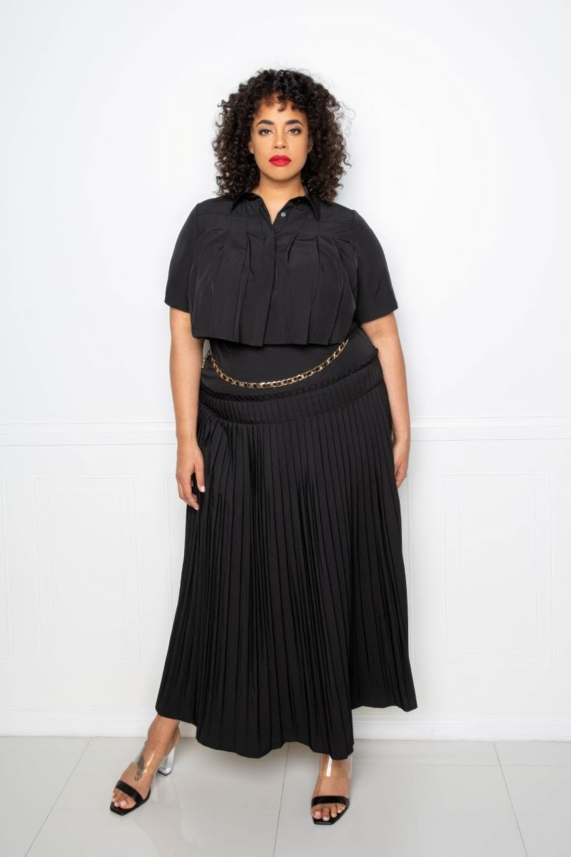 Pleated Cropped Shirt And Maxi Skirt Set - Demented Sisters