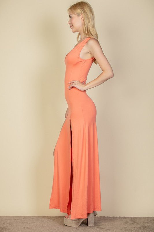 Plunge Neck Thigh Split Dress - Demented Sisters