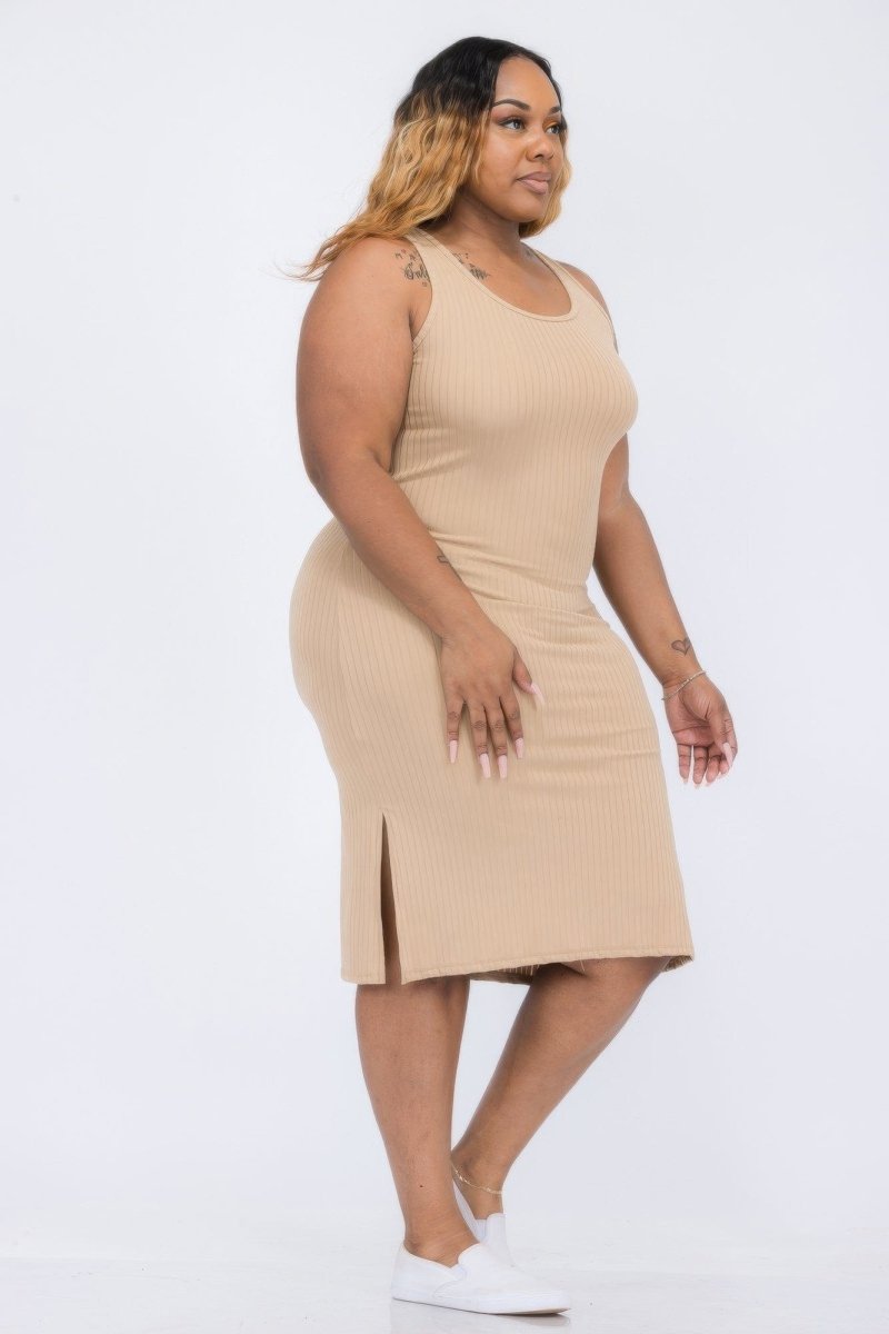 Plus Size Ribbed Tank Midi Dress with Side Slits – Soft Stretch Jersey - Demented Sisters