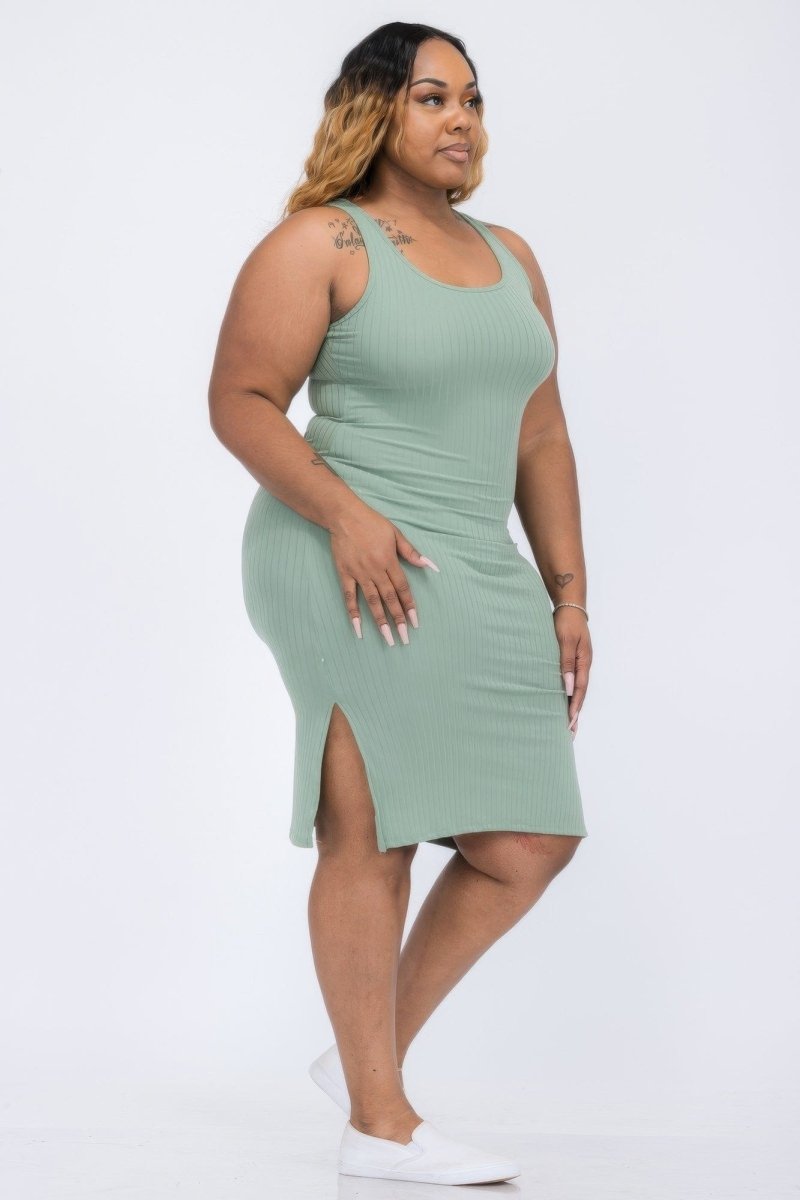 Plus Size Ribbed Tank Midi Dress with Side Slits – Soft Stretch Jersey - Demented Sisters