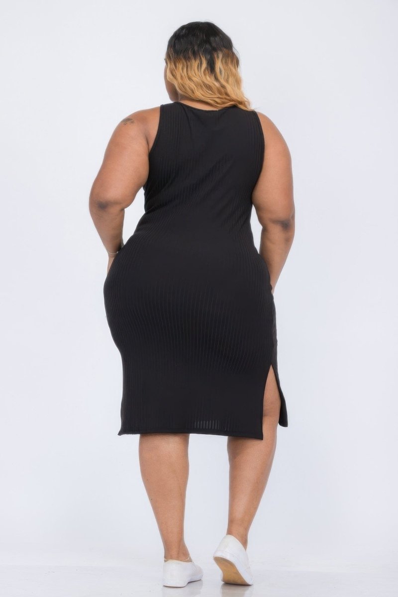 Plus Size Ribbed Tank Midi Dress with Side Slits – Soft Stretch Jersey - Demented Sisters