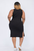 Plus Size Ribbed Tank Midi Dress with Side Slits – Soft Stretch Jersey - Demented Sisters