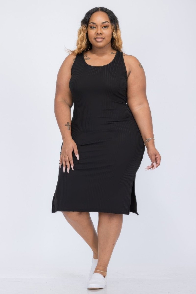 Plus Size Ribbed Tank Midi Dress with Side Slits – Soft Stretch Jersey - Demented Sisters