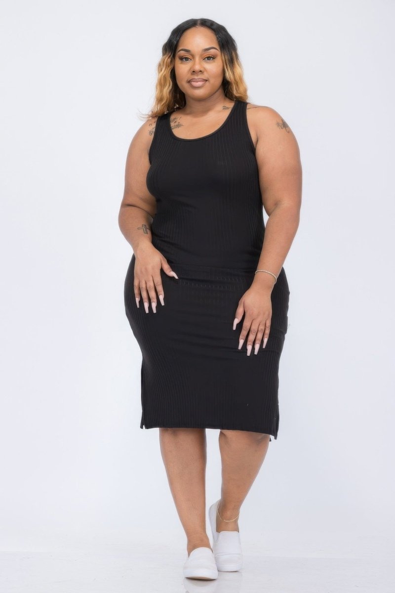 Plus Size Ribbed Tank Midi Dress with Side Slits – Soft Stretch Jersey - Demented Sisters