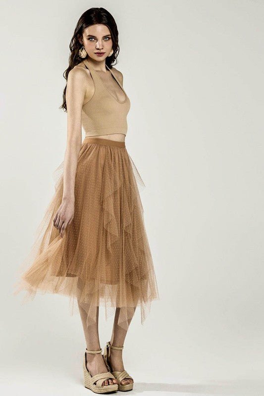 Plus Waterfall PolkaDot Mesh Ruffle Midi Skirt - Demented Sisters