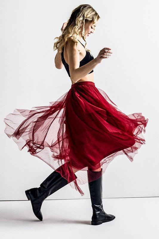 Plus Waterfall PolkaDot Mesh Ruffle Midi Skirt - Demented Sisters