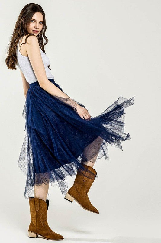 Plus Waterfall PolkaDot Mesh Ruffle Midi Skirt - Demented Sisters