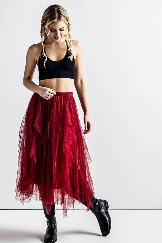 Plus Waterfall PolkaDot Mesh Ruffle Midi Skirt - Demented Sisters