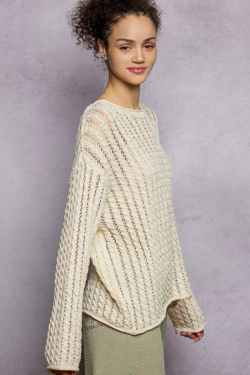 POL Openwork Round Neck Knit Top with Shiny Detail - Demented Sisters