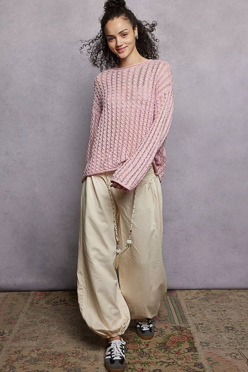 POL Openwork Round Neck Knit Top with Shiny Detail - Demented Sisters