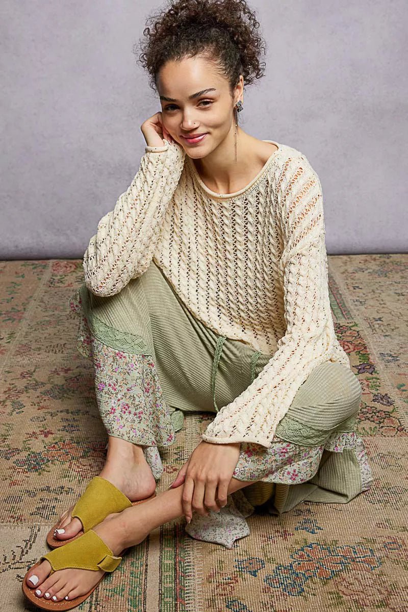 POL Openwork Round Neck Knit Top with Shiny Detail - Demented Sisters