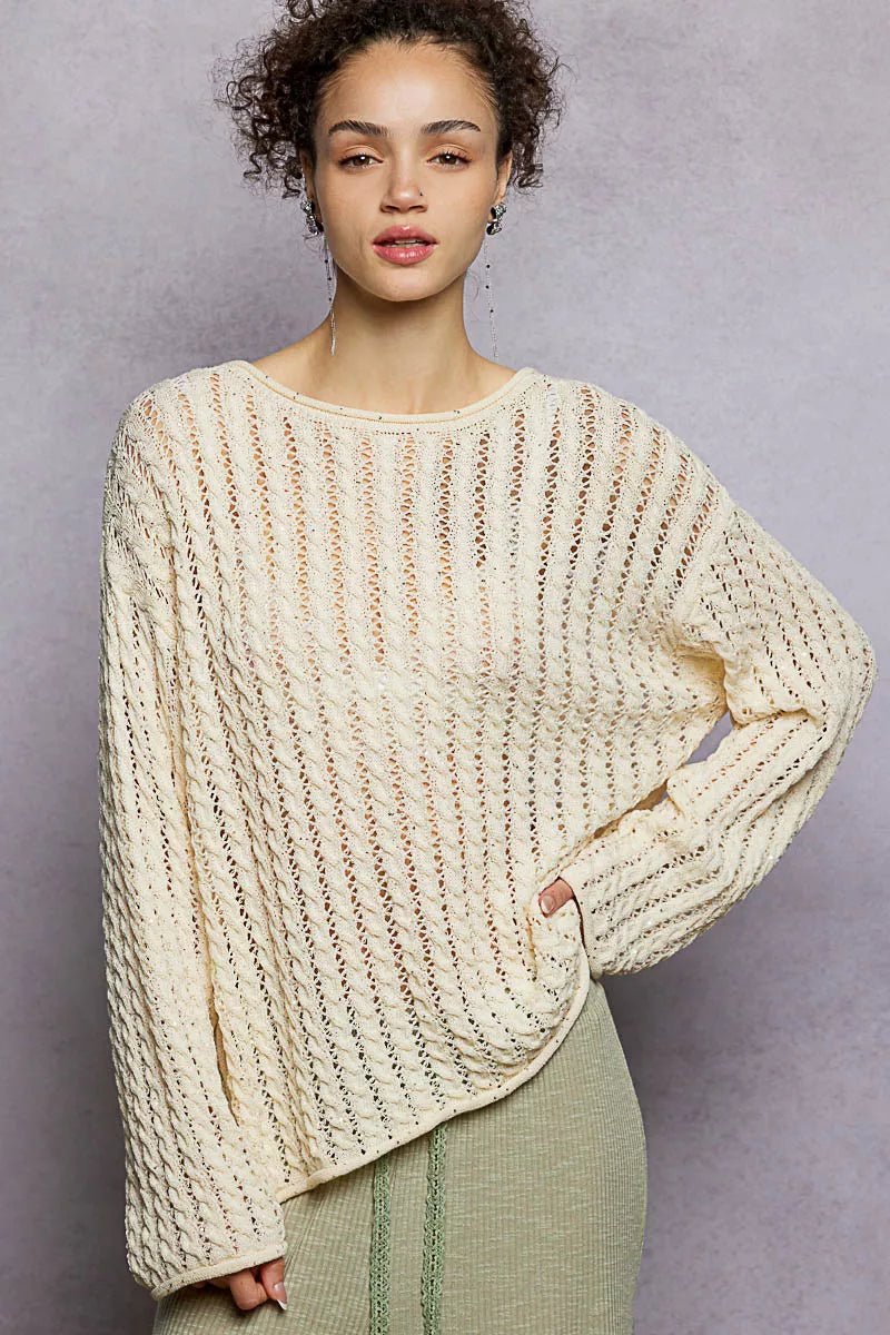 POL Openwork Round Neck Knit Top with Shiny Detail - Demented Sisters