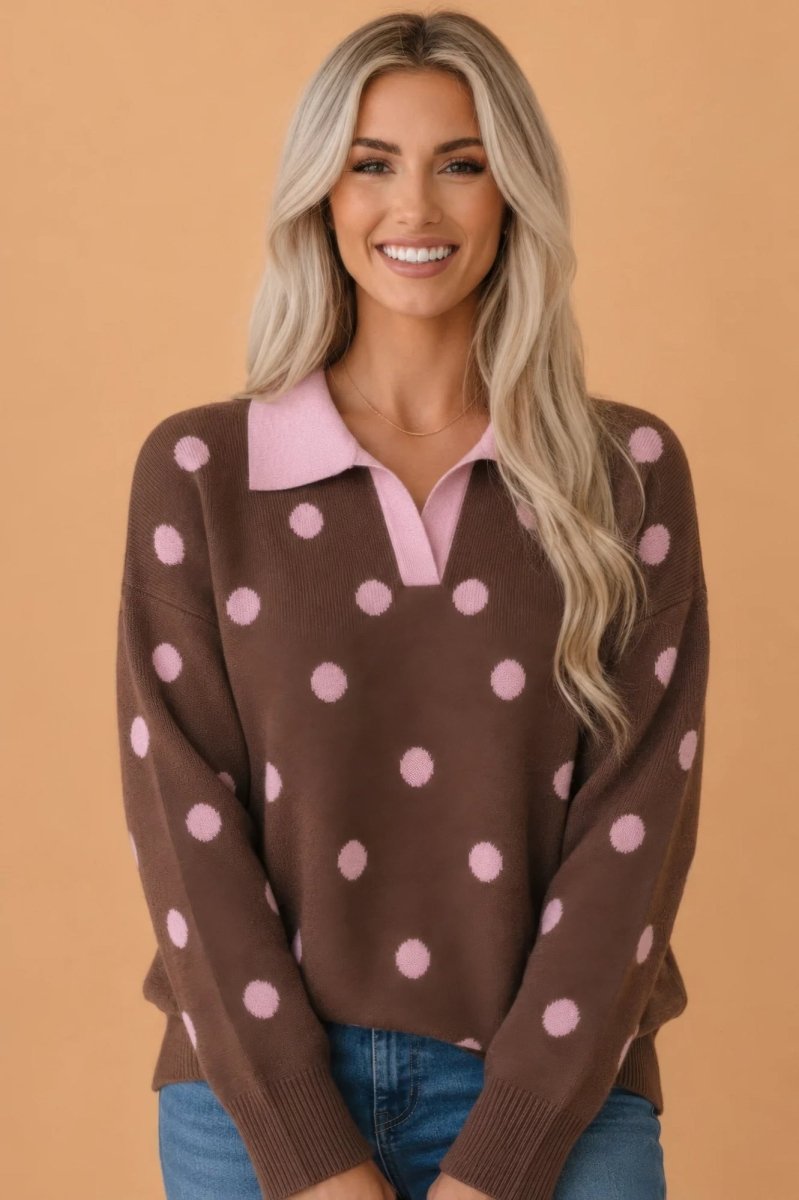 Polka Dot Colorblock Collared V-neck Sweater - Demented Sisters