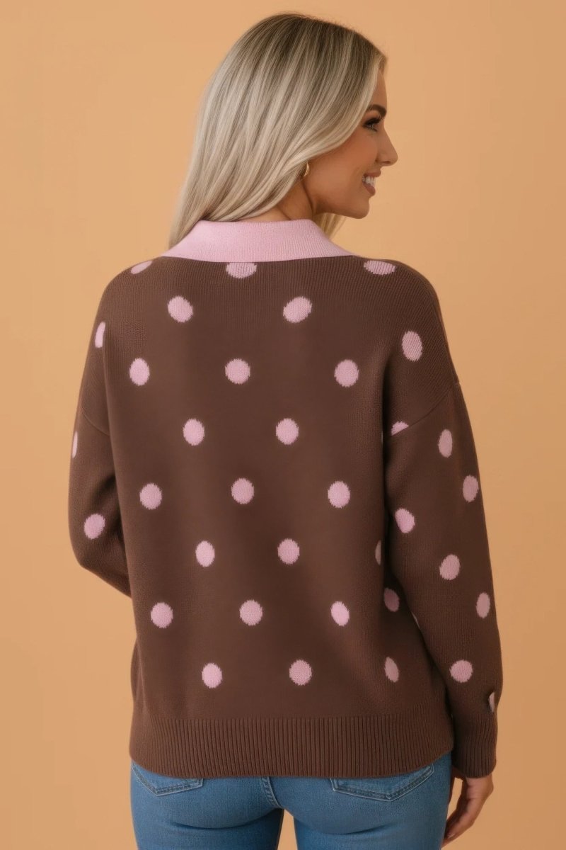 Polka Dot Colorblock Collared V-neck Sweater - Demented Sisters