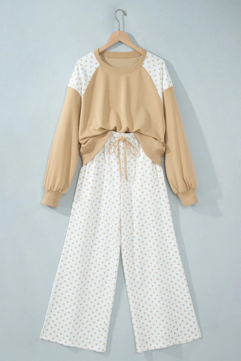 Polka Dot Patchwork Crop Sweatshirt & Pants Set - Demented Sisters