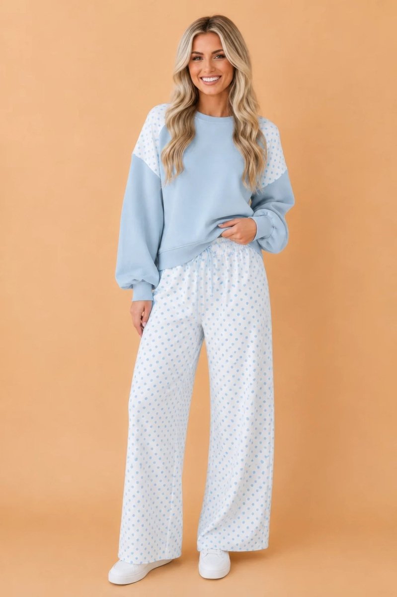 Polka Dot Patchwork Crop Sweatshirt & Pants Set - Demented Sisters