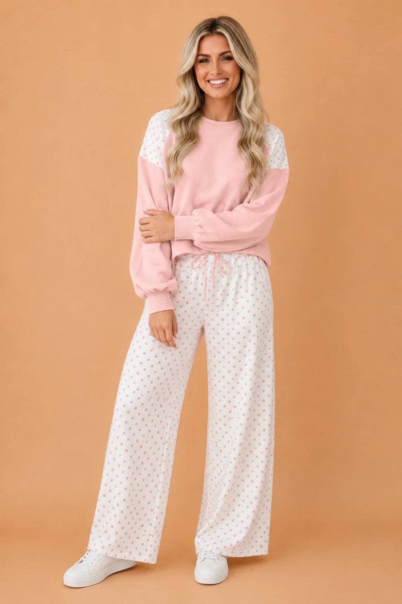 Polka Dot Patchwork Crop Sweatshirt & Pants Set - Demented Sisters