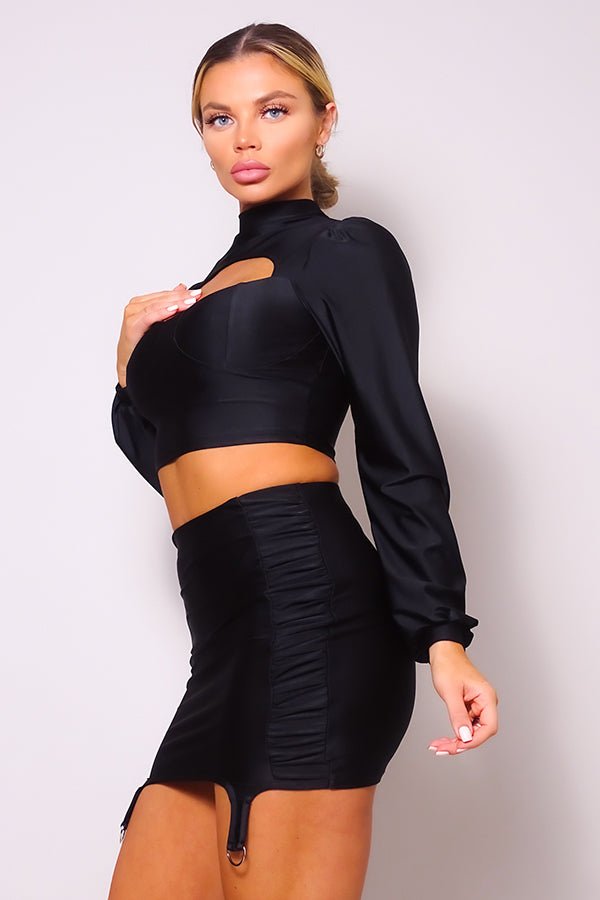 Puff Long Sleeve Front Cutout Turtleneck Blouse & Side Ruched Garter Mini Skirt Set - Demented Sisters