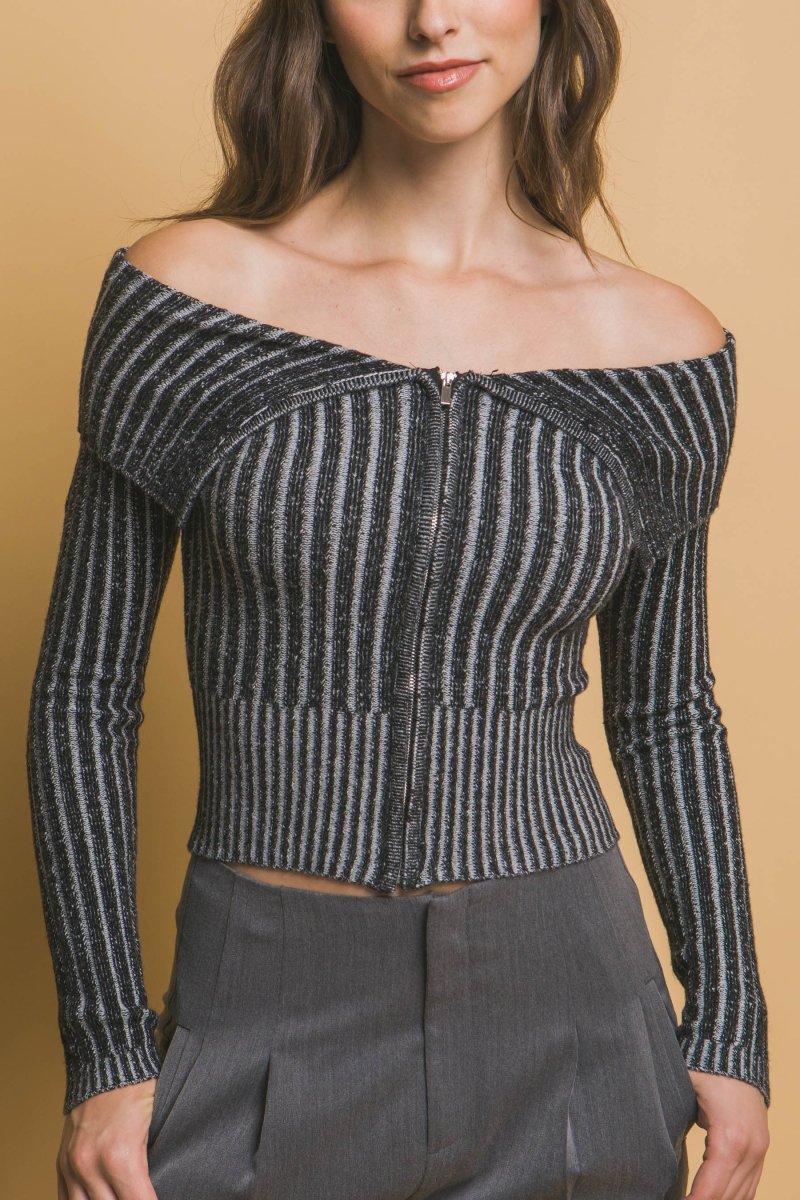 Ribbed bardot zip up long sleeve - Demented Sisters