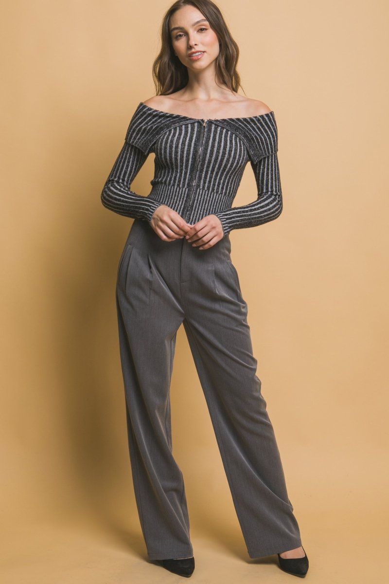 Ribbed bardot zip up long sleeve - Demented Sisters