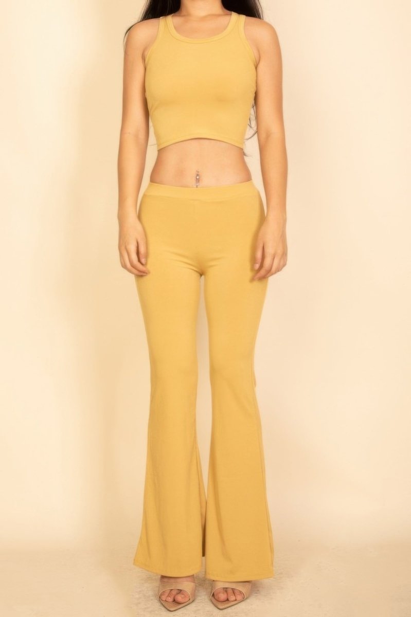 Ribbed Sleeveless Crop Top & Flared Pants Set - Demented Sisters