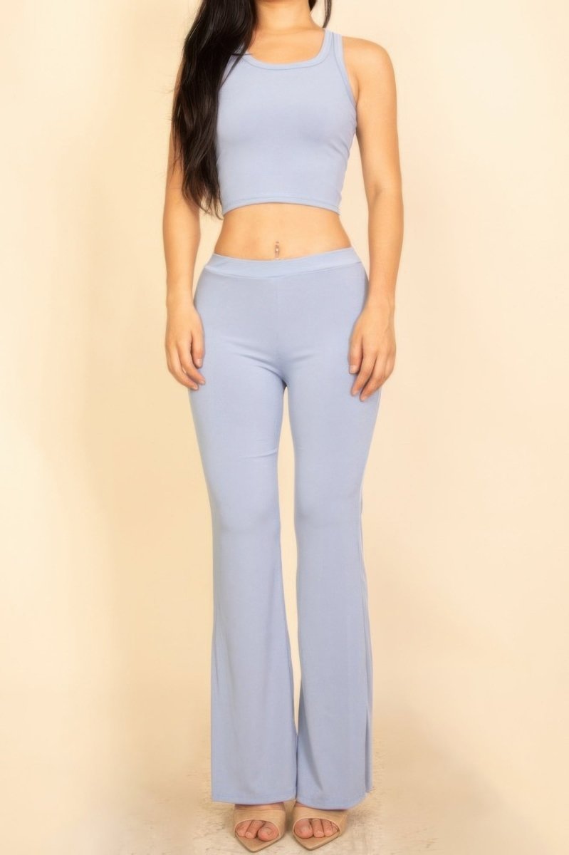 Ribbed Sleeveless Crop Top & Flared Pants Set - Demented Sisters