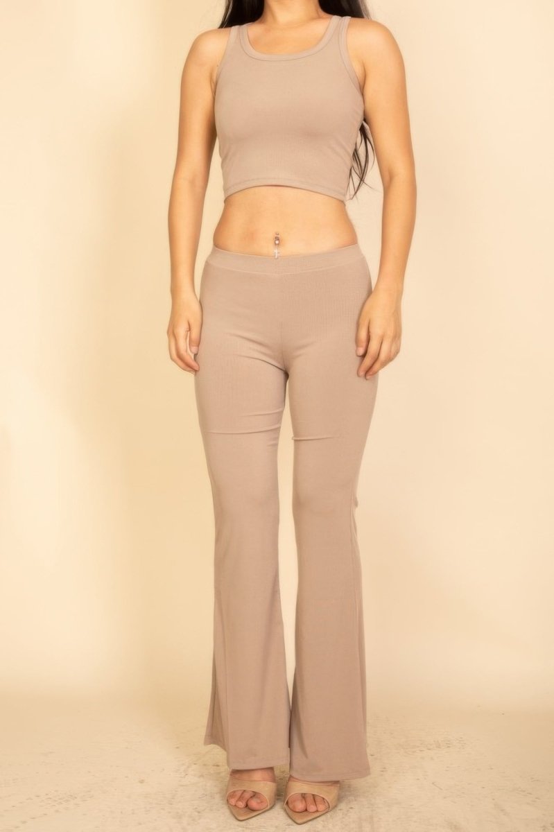 Ribbed Sleeveless Crop Top & Flared Pants Set - Demented Sisters