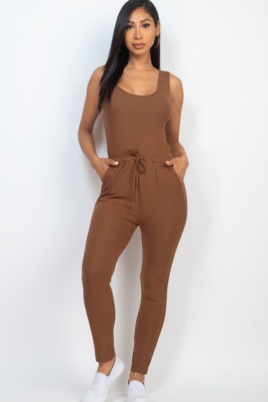 Ribbed Sleeveless Drawstring catsuits Jumpsuit - Demented Sisters