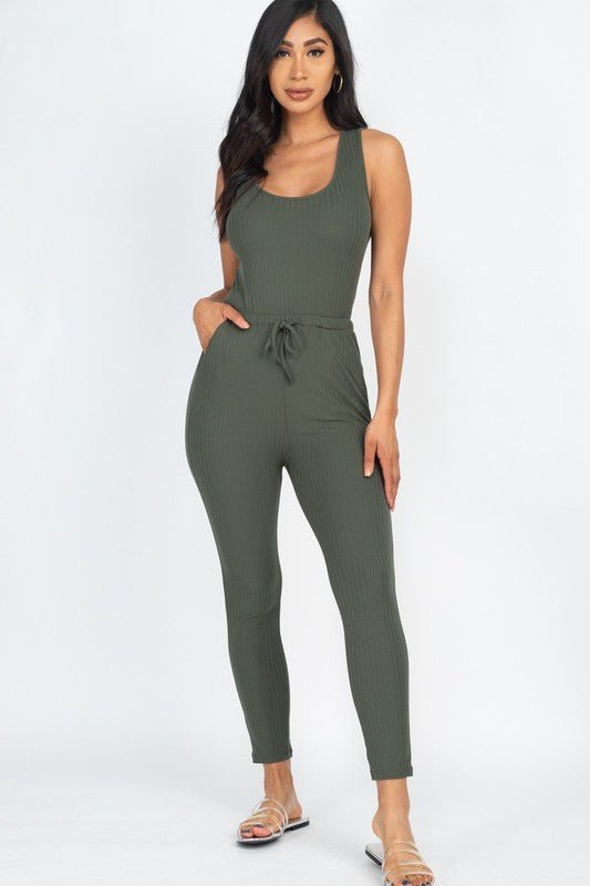 Ribbed Sleeveless Drawstring catsuits Jumpsuit - Demented Sisters