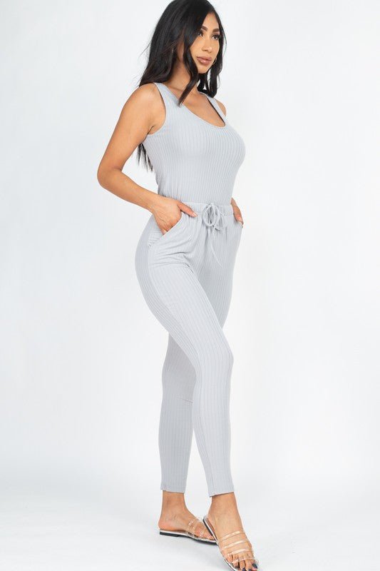 Ribbed Sleeveless Drawstring catsuits Jumpsuit - Demented Sisters