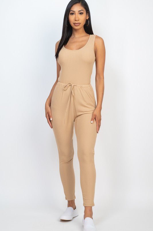 Ribbed Sleeveless Drawstring catsuits Jumpsuit - Demented Sisters